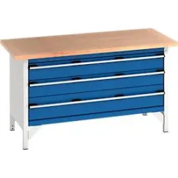 Bott Kastenwerkbank cubio, Buche-Multiplexplatte, B 1500 x T 750 x H 840 mm, Tragkraft 600 kg, 3 Schubladen, lichtgrau/enzianblau