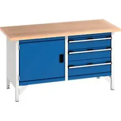 Bott Kastenwerkbank KW-1578-2.3, 3 geschlossene Schubladen, Flügeltür, Buche-Multiplexplatte, 1500 x 750 x 840 mm, enzianblau/lichtgrau