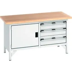 Bott Kastenwerkbank KW-1578-2.3, 3 geschlossene Schubladen, Flügeltür, Buche-Multiplexplatte, 1500 x 750 x 840 mm, lichtgrau/lichtgrau
