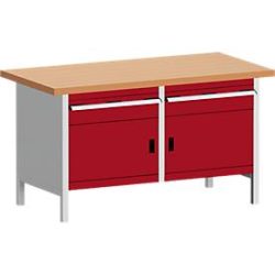 Bott Kastenwerkbank, Stahlgestell, Arbeitsplatte Rotbuchenholz, B 1500 x T 750 x H 840 mm, purpurrot/lichtgrau