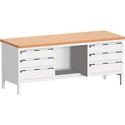 Bott Werkbänke, massive Rotbuchenholz-Arbeitsplatte, B 2000 x T 750 x H 840 mm, Tragkraft 1250 kg, lichtgrau