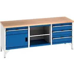 Bott Werkbank cubio Kastenwerkbank mit 4 Schubladen, Buche-Multiplexplatte, B 2000 x T 750 x H 840 mm, enzianblau RAL 5010/lichtgrau RAL 7035