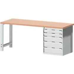 Bott Werkbank cubio, mit Schubladenschrank, Rotbuchenholz, B 2000 x T 750 x H 840 mm, 700 kg, lichtgrau RAL 7035