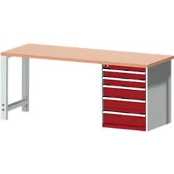 Bott Werkbank cubio, mit Schubladenschrank, Rotbuchenholz, B 2000 x T 750 x H 840 mm, 700 kg, lichtgrau RAL 7035/purpurrot RAL 3004