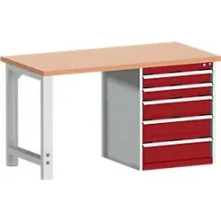 Bott Werkbank cubio, mit Schubladenschrank, Stahlgestell, Rotbuchenholzplatte 40 mm, B 1500 x T 750 x H 840 mm, 1200 kg, purpurrot RAL 3004/lichtgrau RAL 7035