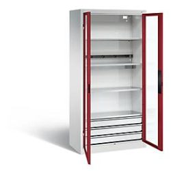 C+P Akkuladeschrank Basic mit Sichtfenster aus Acrylglas, H 1950 x B 930 x T 500 mm, Lichtgrau/Rubinrot