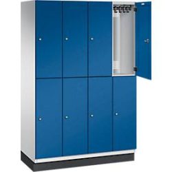C+P Doppelstöckiger Spind Cambio, 4 Abteile, 8 Fächer, mit Sockel, B 1200 x T 525 x H 1980 mm, lichtgrau/enzianblau