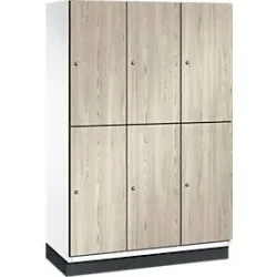 C+P Doppelstöckiger Spind Cambio, 3 Abteile, 6 Fächer, mit Sockel, B 1200 x T 525 x H 1980 mm, verkehrsweiss/Sen Esche?Dekor