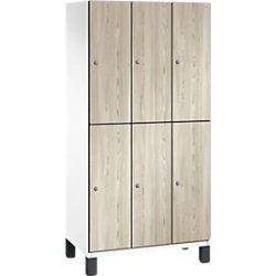 C+P Doppelstöckiger Spind Cambio, 3 Abteile, 6 Fächer, auf Füssen, B 900 x T 525 x H 1980 mm, verkehrsweiss/Sen Esche?Dekor