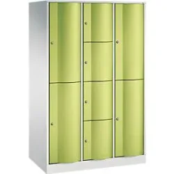 C+P Kombi-Schliessfachschrank Resisto, 3 Abteile, 8 Fächer, B 1148 x T 640 x H 1950 mm, Lichtgrau/Clowngrün