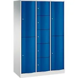 C+P Kombi-Schliessfachschrank Resisto, 3 Abteile, 9 Fächer, B 1148 x T 540 x H 1950 mm, Lichtgrau/Lichtblau