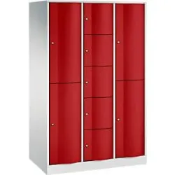C+P Kombi-Schliessfachschrank Resisto, 3 Abteile, 9 Fächer, B 1148 x T 640 x H 1950 mm, Lichtgrau/Rubinrot