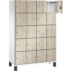 C+P Schliessfachschrank Cambio, 4 Abteile, 20 Fächer, auf Füssen, B 1200 x T 525 x H 1980 mm, verkehrsweiss/Sen Esche?Dekor