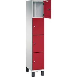 C+P Schliessfachschrank Cambio, 1 Abteil, 4 Fächer, auf Füssen, B 300 x T 525 x H 1980 mm, lichtgrau/rubinrot
