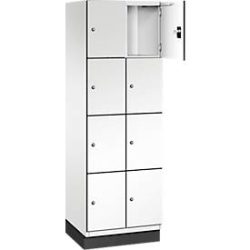 C+P Schliessfachschrank Cambio, 2 Abteile, 8 Fächer, mit Sockel, B 600 x T 525 x H 1980 mm, verkehrsweiss/weiss