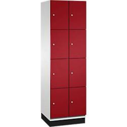 C+P Schliessfachschrank Cambio, 2 Abteile, 8 Fächer, mit Sockel, B 600 x T 525 x H 1980 mm, lichtgrau/rubinrot