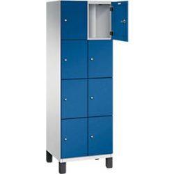 C+P Schliessfachschrank Cambio, 2 Abteile, 8 Fächer, auf Füssen, B 600 x T 525 x H 1980 mm, lichtgrau/enzianblau
