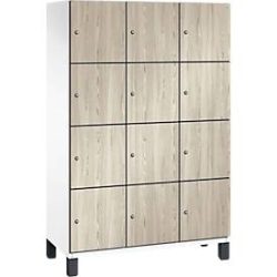 C+P Schliessfachschrank Cambio, 3 Abteile, 12 Fächer, auf Füssen, B 1200 x T 525 x H 1980 mm, verkehrsweiss/Sen Esche?Dekor