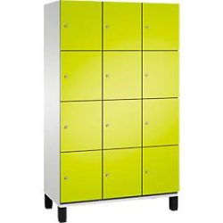 C+P Schliessfachschrank Cambio, 3 Abteile, 12 Fächer, auf Füssen, B 1200 x T 525 x H 1980 mm, lichtgrau/clowngrün