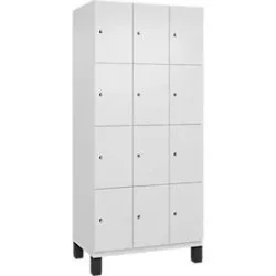 C+P Schliessfachschrank Cambio, 3 Abteile, 12 Fächer, auf Füssen, B 900 x T 525 x H 1980 mm, verkehrsweiss