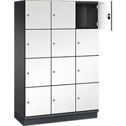 C+P Schliessfachschrank Cambio, 3 Abteile, 12 Fächer, mit Sockel, B 1200 x T 525 x H 1980 mm, schwarzgrau/weiss