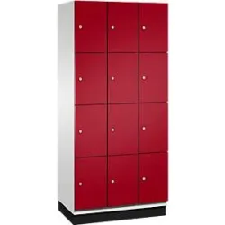 C+P Schliessfachschrank Cambio, 3 Abteile, 12 Fächer, mit Sockel, B 900 x T 525 x H 1980 mm, lichtgrau/rubinrot