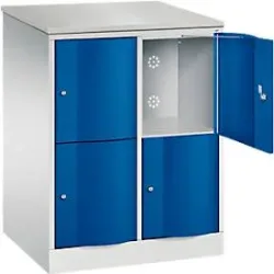 C+P Schliessfachschrank Resisto, 2 Abteile, 4 Fächer, B 772 x T 640 x H 1077 mm, Lichtgrau/Enzianblau