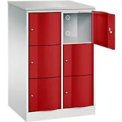 C+P Schliessfachschrank Resisto, 2 Abteile, 6 Fächer, B 772 x T 640 x H 1255 mm, Lichtgrau/Rubinrot