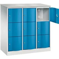 C+P Schliessfachschrank Resisto, 3 Abteile, 9 Fächer, B 1148 x T 540 x H 1255 mm, Lichtgrau/Clowngrün