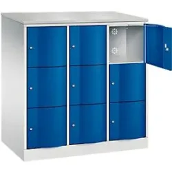 C+P Schliessfachschrank Resisto, 3 Abteile, 9 Fächer, B 1148 x T 640 x H 1255 mm, Lichtgrau/Enzianblau