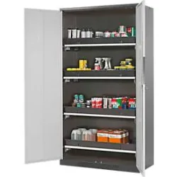 Chemikalienschrank, Flügeltür, 4 Auszugswannen, 1055x520x1950 mm, lichtgrau