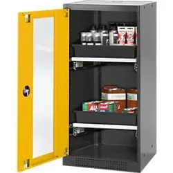 Chemikalienschrank, Flügeltür und Glasausschnitt, 2 Auszüge, H 1105  mm, sicherheitsgelb