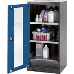 Chemikalienschrank, Flügeltür und Glasausschnitt, 2 Böden, H 1105 mm, enzianblau