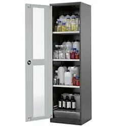 Chemikalienschrank, Flügeltür und Glasausschnitt, 3 Böden, H 1950 mm, lichtgrau