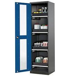 Chemikalienschrank, Flügeltür und Glasausschnitt, 4 Auszüge, H 1950 mm, enzianblau