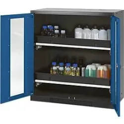 Chemikalienschrank, Flügeltür m. Glasauschnitt, 2 Auszugswannen, 1055x520x1105 mm, enzianblau