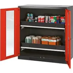 Chemikalienschrank, Flügeltür m. Glasauschnitt, 2 Auszugswannen, 1055x520x1105 mm, verkehrsrot