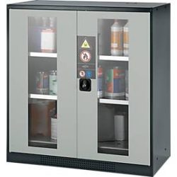 Chemikalienschrank, Flügeltür m. Glasauschnitt, 2 Böden, 1055x520x1105 mm, lichtgrau