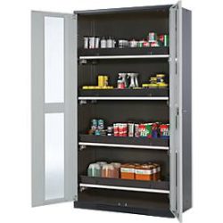 Chemikalienschrank, Flügeltür m. Glasauschnitt, 4 Auszugswannen, 1055x520x1950 mm, lichtgrau