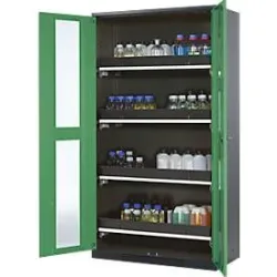 Chemikalienschrank, Flügeltür m. Glasauschnitt, 4 Auszugswannen, 1055x520x1950 mm, resedagrün