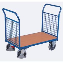 Doppel-Stirnwandwagen, Stahl/MDF-Platte, Enzianblau/Buche-Dekor, L 1200 x B 800 mm, Stirnwände aus Drahtgitter, TPE-Rollen mit EasySTOP, bis 500 kg