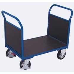 Doppel-Stirnwandwagen, Stahl/Siebdruckplatte, Enzianblau/Dunkelbraun, L 1595 x B 800 mm, Sperrholz-Stirnwände, Vollgummi-Rollen mit EasySTOP, 1000 kg