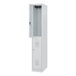 Doppelstöckiger Feuerwehrspind C+P Flexo White, 1 Abteil mit 2 Fächern, Bodengleiter, B 300 x T 500 x H 1850 mm, RAL 7035 Lichtgrau