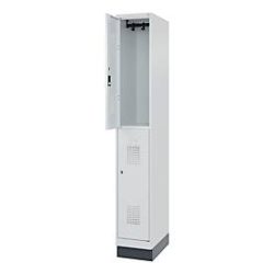 Doppelstöckiger Feuerwehrspind C+P Flexo White, 1 Abteil mit 2 Fächern, Sockel, B 300 x T 500 x H 1950 mm, RAL 7035 Lichtgrau/RAL 7016 Anthrazitgrau