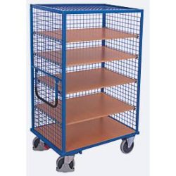 Drahtgitter-Etagenwagen, Stahl/MDF-Platte, Enzianblau/Buche-Dekor, 5 Etagen, 1245 x 785 mm, 3 Wände und Dach, EasySTOP, bis 500 kg