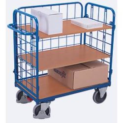 Drahtgitter-Etagenwagen, Stahl/MDF-Platte, Enzianblau/Buche-Dekor, 1 Etage, 1000 x 600 mm, einhängbare Längswand, EasySTOP, bis 500 kg