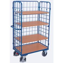 Drahtgitter-Etagenwagen, Stahl/MDF-Platte, Enzianblau/Buche-Dekor, 1 Etage, 1200 x 800 mm, einhängbare Längswand, EasySTOP, bis 500 kg