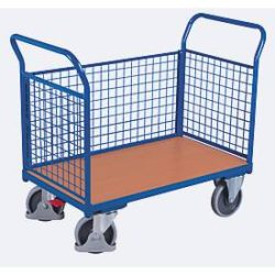 Dreiwandwagen, Stahl/MDF-Platte, Enzianblau/Buche-Dekor, L 1000 x B 675 mm, herausnehmbare Längswand, TPE-Rollen mit EasySTOP, bis 500 kg