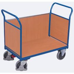 Dreiwandwagen, Stahl/MDF-Platte, Enzianblau/Buche-Dekor, L 1200 x B 775 mm, herausnehmbare Längswand, TPE-Rollen mit EasySTOP, bis 500 kg