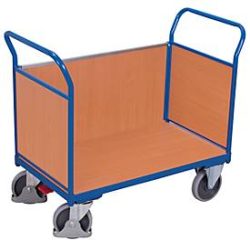 Dreiwandwagen, Stahl/MDF-Platte, Enzianblau/Buche-Dekor, L 850 x B 475 mm, herausnehmbare Längswand, TPE-Rollen mit EasySTOP, bis 400 kg